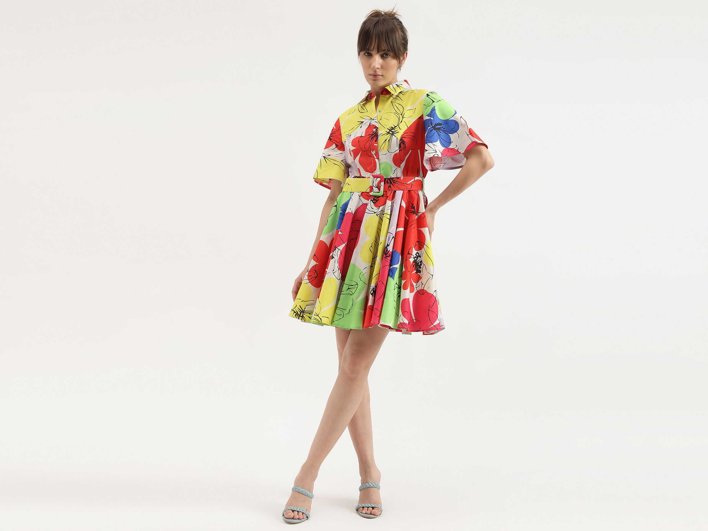 S/S PRINTED SHORT FLARE DRESS WITH BELT image number 4
